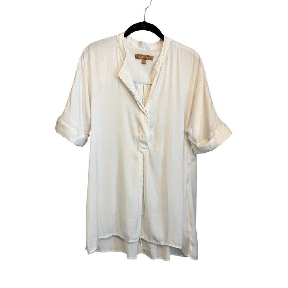 Ellen Tracy Minimalist Blouse M White Short Sleeve Pullover Tunic Top Everyday
